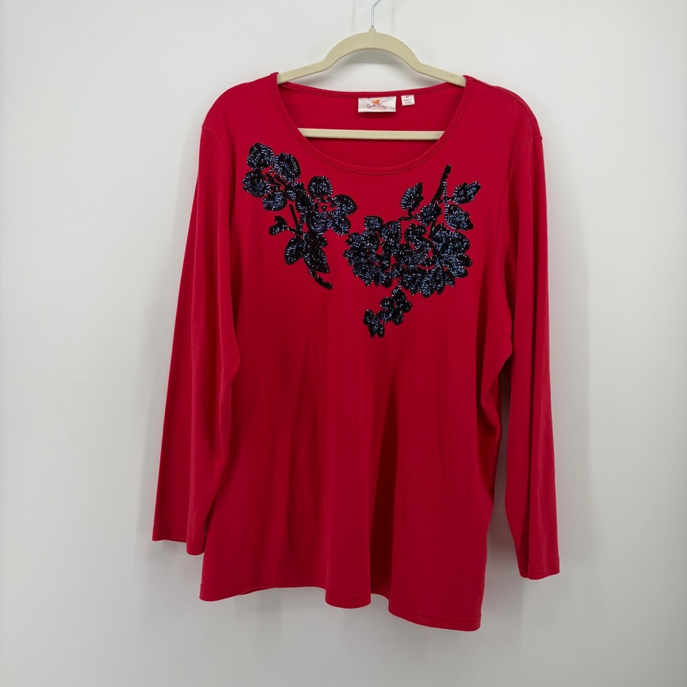 Quacker Factory Womens 1X Red Top Sequin Floral Long Sleeve Crew Neck